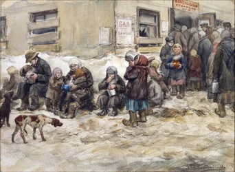 Sulten år i Petrograd. En ""Felles spisestue."" av Vladimirov, Ivan Alexeyevich (1869-1947). Akvarell, Gouache på papir. Privat samling