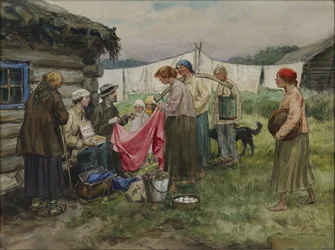 Sulten år i Petrograd. Bytte av varer for proviant i en landsby nær en jernbanestasjon av Vladimirov, Ivan Alexeyevich (1869-1947). Akvarell, Gouache på papir