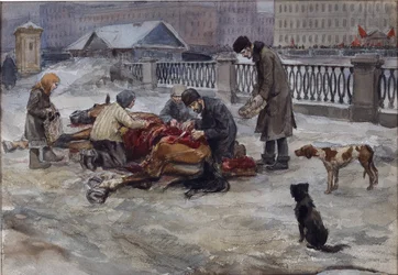 Sulten år i Petrograd av Vladimirov, Ivan Alexeyevich (1869-1947). Akvarell, Gouache på papir