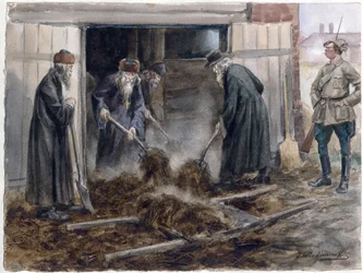 Le clerge russe pelletant le fumier - Russiske presteskap som måker høy: september 1918 (fra serien med akvareller russisk revolusjon) - Vladimirov, Ivan Alexeyevich (1869-1947) - 1918 - Akvarell på papir - 25,8x34,3 - Privat samling