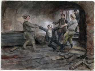 Un detenu emmene pour etre execute - Mann holdes og henrettes (fra serien av akvareller russiske revolusjonen) - Vladimirov, Ivan Aleksijevitsj (1869-1947) - 1919 - Akvarell på papir - 25,7x34,5 - Privat samling