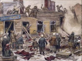 Arbeidere som river trehus for drivstoff av Vladimirov, Ivan Alexeyevich (1869-1947). Akvarell, Gouache på papir