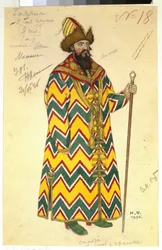 Boyard (brett, boyard). Kostyme for operaen ""The Tale of Tsar Saltan"" av Nicholas (Nikolai) Rimsky Korsakov (Rimsky-Korsakov) (1844-1908). Verk av Ivan Yakovlevich Bilibin (Bilibine) (1876-1942), akvarell på papir