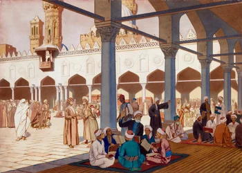 Gårdsplassen til Al-Azhar-universitetet i moskeen med samme navn i Kairo, Egypt (gårdsplassen til Al Azhar-moskeen og universitetet, Kairo) - Verk av Ivan Yakovlevich Bilibin (Bilibin) (1876-1942), akvarell og gouache på papp