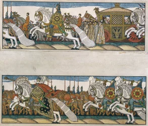 Tsar Dadons hær. Illustrasjon til eventyret Den gylne hanen av Aleksandr Pusjkin (1799-1837). Verk av Ivan Yakovlevich Bilibin (Bilibine) (1876-1942)