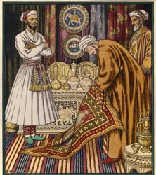 Prins Ali kjøper et magisk teppe. Illustrasjon for en arabisk fortelling. (Prins Ali kjøper et teppe). Maleri av Ivan Yakolevich Bilibin (Bilibin) (1876-1942). Akvarell på papir. St. Petersburg, Statens russiske museum.