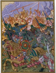 Utvisningen av Khan Batu (cirka 1205-1255) (Utdrivelsen av Batu Khan). Batou, mongolsk tartarsjef for Golden Horde i steppene i Russland. Verk av Ivan Yakovlevich Bilibin (Bilibin) (1876-1942), akvarell og gouache på papir