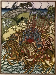 Volga Sviatoslavich (Vseslav de Polotsk (vers 1039-1101), storprins de Kiev de 1068 a 1069) og Mikula Selyaninovich (?). Oeuvre de Ivan Yakovlevich Bilibin (Bilibin) (1876–1942), litografi