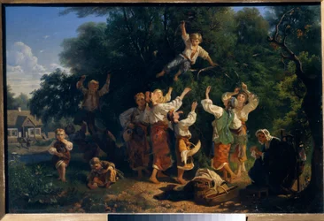 Plukke kirsebær i en eiers frukthage i Ukraina. Maleri av Ivan Ivanovich Sokolov (1823-1918), olje på lerret