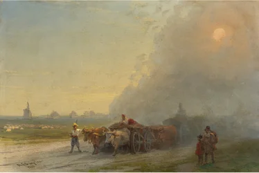 "Ox-cars in the Ukrainian steppe" (Ox-cars in the Ukrainian steppe) Maleri av Ivan Constantinovich Aivazowski (Aivazovsky 1817-1900) 1888 - Olje på lerret Dim 26x38,7 cm Privat samling