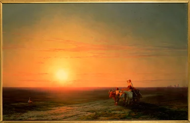 Bønder vender tilbake fra markene ved solnedgang, 1800-tallet