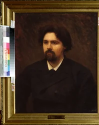 Portrait de l'artiste Vasilli Ivanovich Sourikov (Vasily Surikov ou Vassili Surikow) (1848-1916) (Portrett av kunstneren V.Surikov). Peinture de Ivan Nikolayevich Kramskoi (1837–1887), huile sur toile