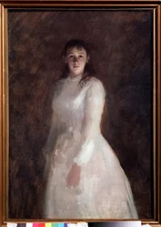 Portrett av en ung dame (Portrett av en ung dame). (kledd i en lang hvit kjole). Maleri av Ivan Nikolayevich Kramskoi (1837-1887), olje på lerret. russisk kunst