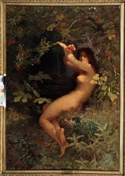 Eva med et granateple. Nakne og forførende Eva i Edens hage, som plukker kunnskapens frukt. Maleri av Ivan Petrovich Keler-Viliandi (1826-1899)