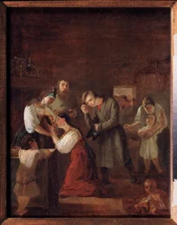 Blessing of the Young Couple Before Marriage (Den knelende unge kvinnen kysser et ikon, den unge mannen bøyer seg respektfullt bak henne) - Blessing of the Young Couple Before Marriage - Maleri av Ivan Petrovich Orlov (1815-1861), olje på