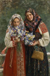 Villblomster. (Engblomster). En mor og hennes datter, elegante i sine folkloristiske kjoler med et fargerikt skjerf som dekker håret, holder en bukett ville blomster i hendene. Maleri av Ivan Semyonovich Kulikov (Koulikov) (1875