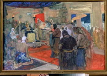 Egyptisk antikk: «en farao foran hoffet sitt», ca. 1900