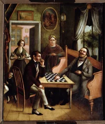 ""Sjakkspillerne"" Gruppe russiske borgerlige i et interiør. Maleri av Ivan Stepanovich Doshchennikov (1812-1893) 1840-1850 State Art Gallery, Perm, Russland
