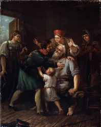 The Return of the Warrior (Homecoming Warrior). En soldat kommer hjem og kaster seg i armene til sin gamle far. Hele familien uttrykker sin glede og lettelse over å se ham i live. Maleri av Ivan Vasilyevich Luchaninov (1781-1824), olje på t.