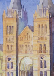 Hovedinngangen til The Natural History Museum, London, Sunset, 1994 (wc på papir)
