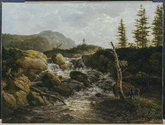 Fjelllandskap med en foss, Norge