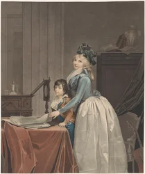 Portrett av Louise Sébastienne Gély med stesønn bak et optikkspeil jeg optikk