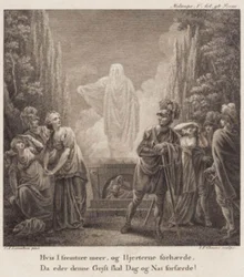 Melampe. Hvis dere går mer frem og forherder deres hjerter, når vil denne ånden skremme dere dag og natt? Gravering etter Llorentzens Holberg Galleri.