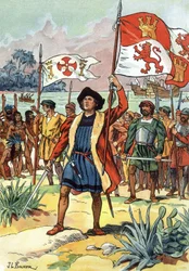 1492: Kristoffer Columbus ankommer til Amerika med spansk flagg