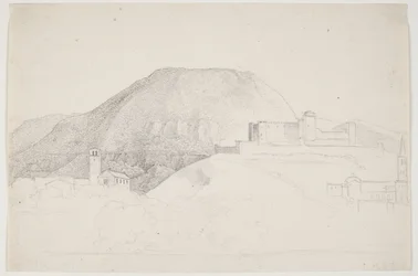 Landskapsstudie med fjell og bygninger. Spoleto, Italia