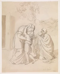 Sara tar avskjed med Isak, Abraham kneler