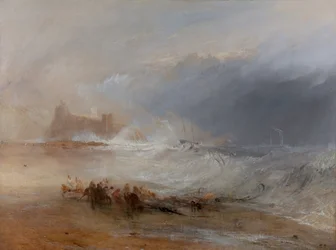 Wreckers -- Coast of Northumberland, med en dampbåt som hjelper et skip utenfor kysten, mellom 1833 og