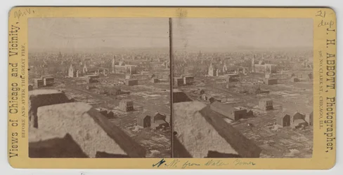 Stereograf av utsikt nordvest fra Water Tower etter Chicago-brannen i 1871