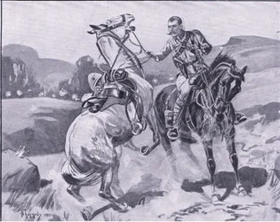 Major Brown, 14th Hussars, holder liet Browns hest under kraftig ild, illustrasjon fra After Pretoria: The Guerilla War, 1902
