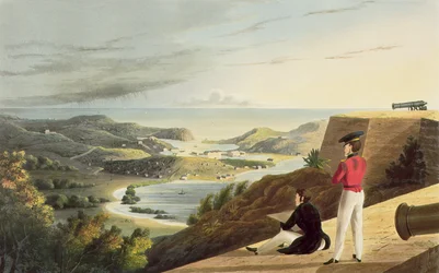 Utsikt over den engelske havnen, Antigua fra Great George Fort, Monks Hill, gravert av T. Fielding, pub. av T. und G. Underwood, 1827