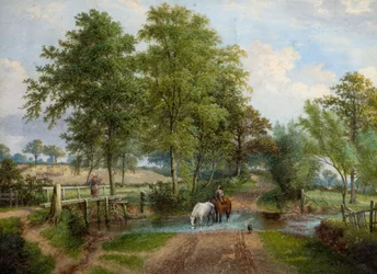 Landlig scene med hester ved strømmen, 1870-tallet.