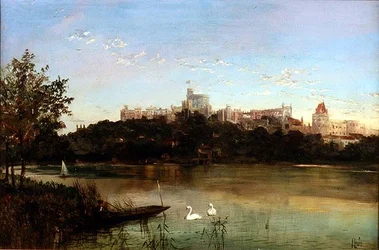 Figurer i en Punt og svaner på Themsen med Windsor Castle i bakgrunnen (olje på lerret)