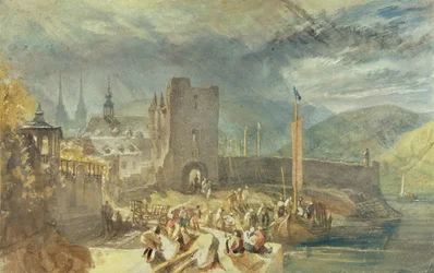 En utsikt over Boppard, med figurer på elvebredden