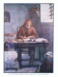 Under fengslingen skrev Bunyan The Pilgrims Progress, fra English Literature pub.av T C & EC Jack, ca. 1920