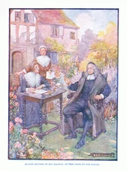 Milton sitter i hagen sin ved døren til huset hans, fra English Literature pub. av T C & EC Jack, ca. 1920