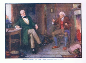 Scott satt og snakket med en fattig mann i hytta hans, fra English Literature pub. av T C & EC Jack, ca. 1920
