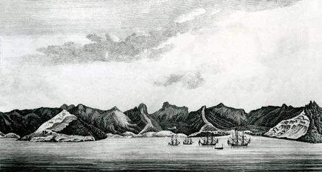 En utsikt over Cumberland Bay på øya Juan Fernandes, ca. 1745 (gravering)
