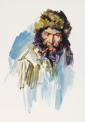 Illustrasjon for Call of Wild, eventyrroman av Jack London (1876-1916), tegning