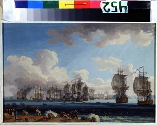 ""Slaget ved Chesma den 05.07.1770"" (Sjøslaget ved Chesma den 5. juli 1770) Det motarbeidet flåtene til Katarina IIs Russland og det osmanske riket til Chios i Hellas (Revolution of Orloff eller Expedition of the Orloff-brødrene). gouache maleri