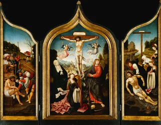 En triptyk: Kristus på korset med jomfruen, magdalen, evangelisten Johannes og engler; på vingene Kristus tilbød eddik før korsfestelsen og klagen, smerten i hagen og Ecce Homo,