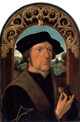 ""Portrett av en mann"" (Portrett av en mann) Portrett av en mann fra det nederlandske borgerskapet, med en sølvjuvel i hånden. Maleri av Jacob Cornelisz van Oostsanen (cirka 1470-cirka 1533) Eremitagemuseet St. Petersburg