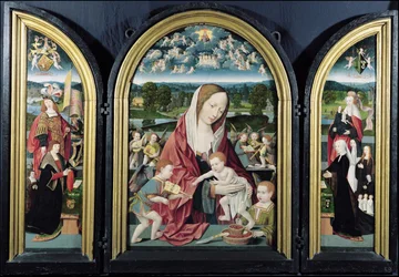 Jomfru og barn med musikkskapende engler og Sampsons-Coolen-familien, Triptych, 1500-1525