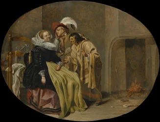Et par i et interiør med en sigøyner-spåkone, ca. 1632-33.