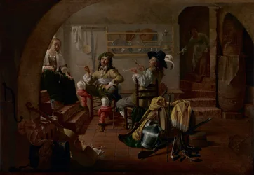 Interiør med soldater og kvinner, ca. 1650 (olje på panel)
