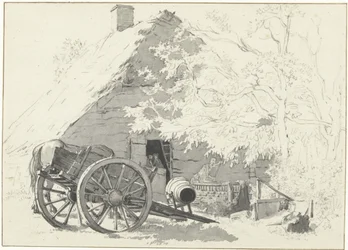 Melkevogn med hest foran en gård