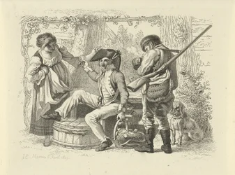 Soldat med hevet glass mellom en kvinne og en jeger Studietrykk / Etudes gravées (serietittel)